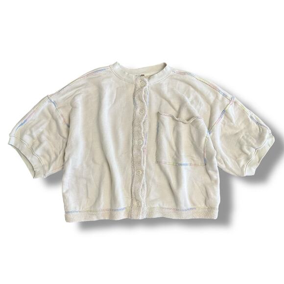 Free People Cream Cropped Boxy Cardigan L Rainbow Stitch Oversized Top - Picture 1 of 10